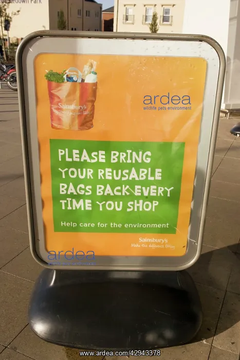 : Poster encouraging reusable bags outside Sainsbury's : Poster encouraging reusable bags outside Sainsbury's