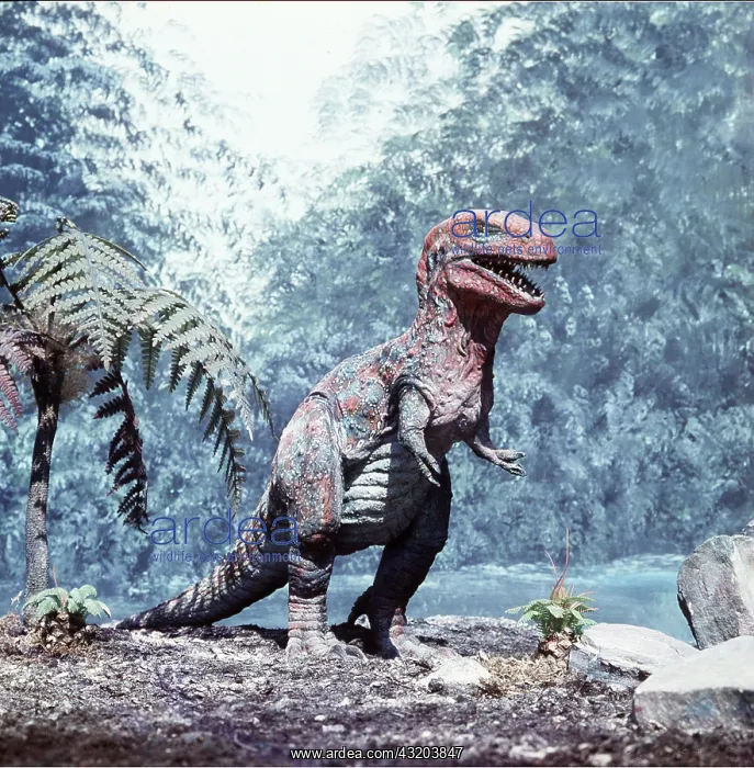 : Prehistoric reconstruction - Tyrannosaurus Rex, 50 ft. long : Prehistoric reconstruction - Tyrannosaurus Rex, 50 ft. long