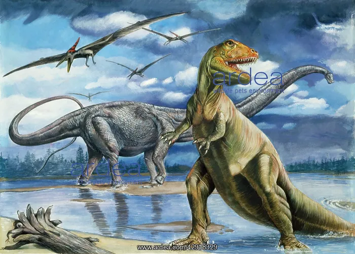 : Prehistoric - Tyrannosaurus in foreground with : Prehistoric - Tyrannosaurus in foreground with