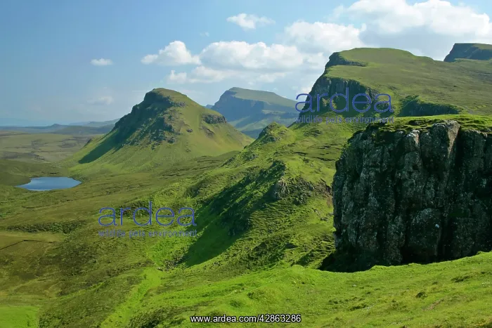 : The Quiraing landscape - lake and rolling velvet : The Quiraing landscape - lake and rolling velvet