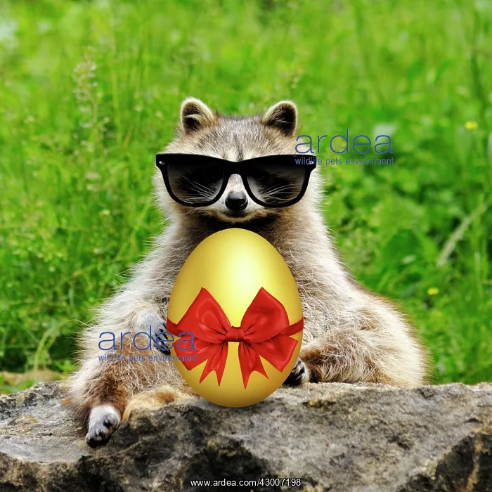 : Raccoon with Easter egg wearing sunglasses : Raccoon with Easter egg wearing sunglasses