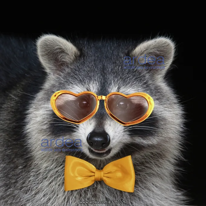 : Raccoon - wearing gold heart shaped glasses and bow tie : Raccoon - wearing gold heart shaped glasses and bow tie