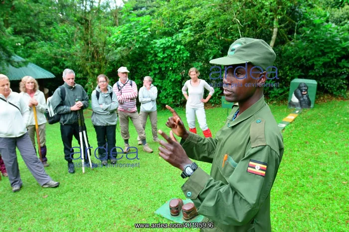 : Ranger doing the security check to some tourists : Ranger doing the security check to some tourists