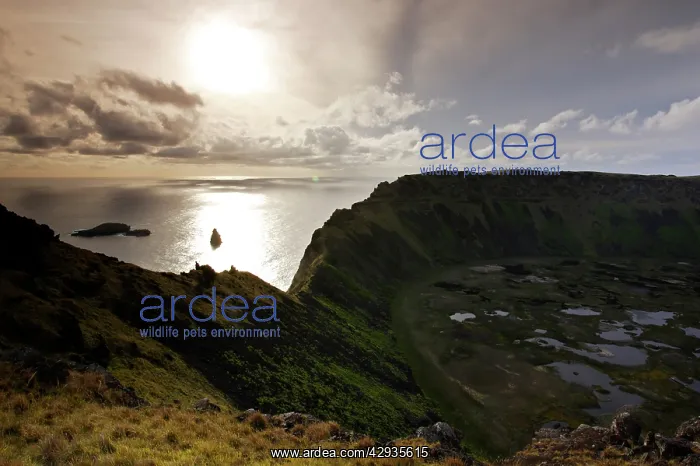 : Rano Kau volcano, 400 metres, 1312 feet high. Easter : Rano Kau volcano, 400 metres, 1312 feet high. Easter