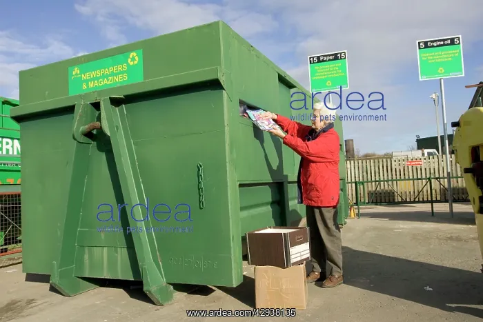 : Recycling paper into large green skip : Recycling paper into large green skip