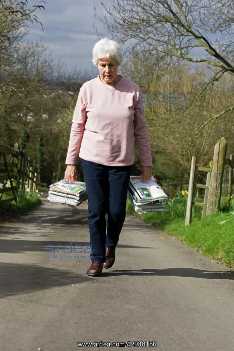 : Recycling - woman carrying bundles of magazines : Recycling - woman carrying bundles of magazines