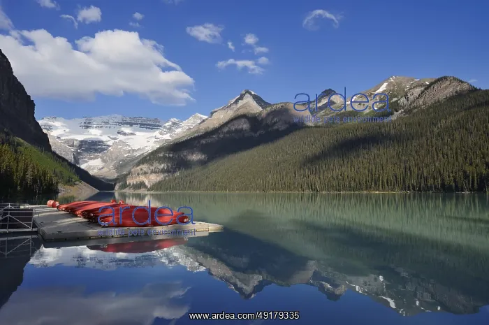 : Red canoes at Lake Louise, Banff National Park : Red canoes at Lake Louise, Banff National Park