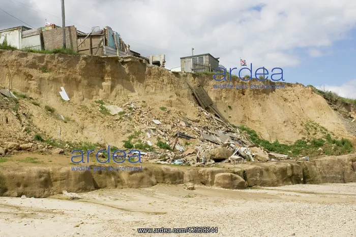 : Remains of collapsed houses after severe coastal erosion : Remains of collapsed houses after severe coastal erosion