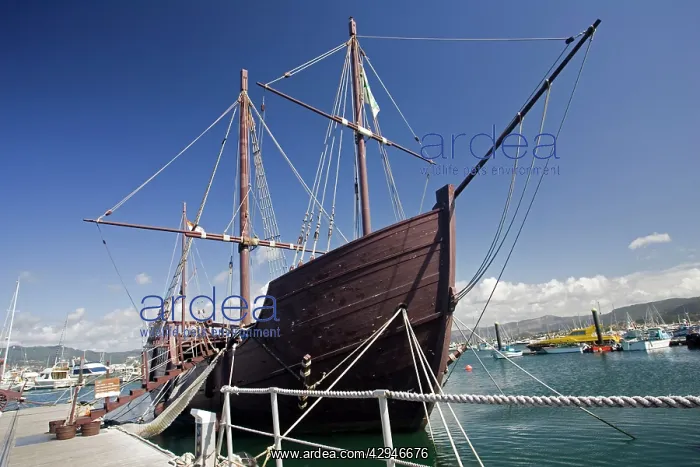 : Replica of Columbus sailing ship Pinta in harbour : Replica of Columbus sailing ship Pinta in harbour
