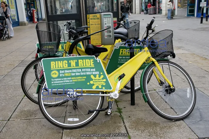 : Ring N Ride OYB yellow bike rental docking station : Ring N Ride OYB yellow bike rental docking station
