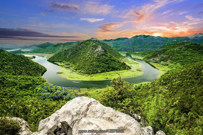 : River bend of the Rijeka Crnojevica river at sunset : River bend of the Rijeka Crnojevica river at sunset