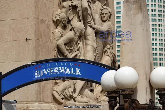 : Riverwalk signage along the Chicago River in downtown : Riverwalk signage along the Chicago River in downtown