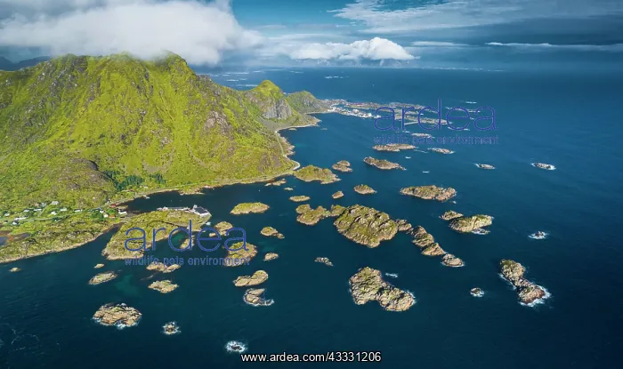 : Road to Henningsvaer, numerous small rocky islands : Road to Henningsvaer, numerous small rocky islands
