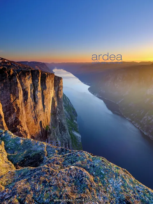 : Rock face of Kjerag above the Lysefjord in the evening : Rock face of Kjerag above the Lysefjord in the evening