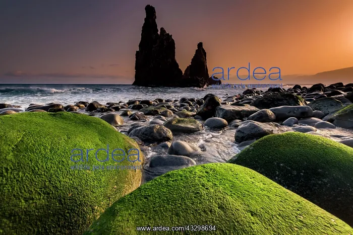 : Rock formation Ribeira de Janela at sunrise with : Rock formation Ribeira de Janela at sunrise with