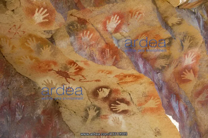 : Rock paintings in Cave of the Hands near Perito Moreno in Ar : Rock paintings in Cave of the Hands near Perito Moreno in Ar