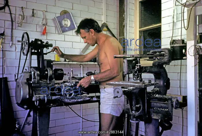 : Ron Taylor - Underwater Film maker in his workshop : Ron Taylor - Underwater Film maker in his workshop