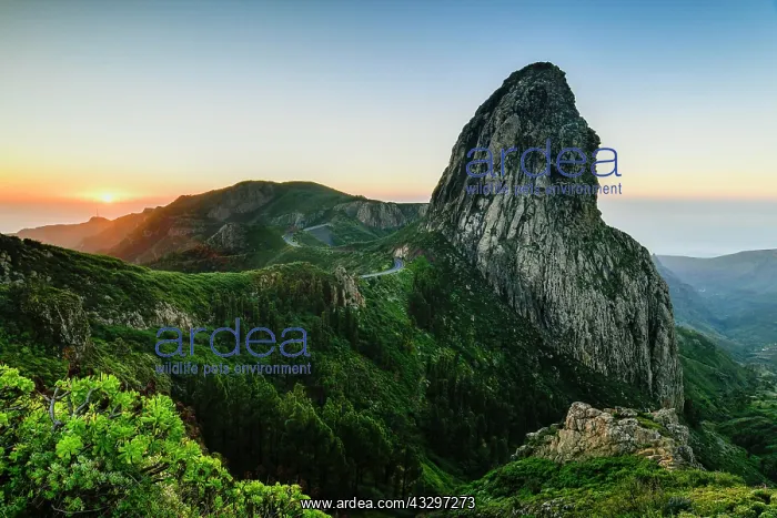 : Roque de Agando rock tower at sunrise, Monumento : Roque de Agando rock tower at sunrise, Monumento