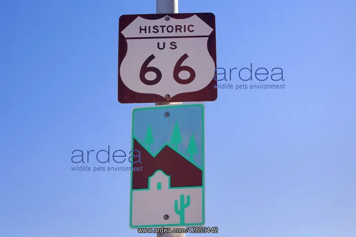 : Route 66 sign - road sign of historic Route 66 in Seligman : Route 66 sign - road sign of historic Route 66 in Seligman