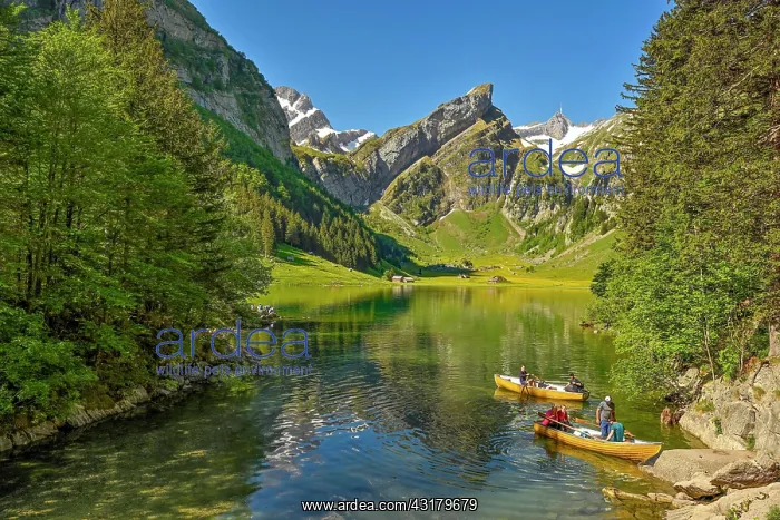 : Rowing boats on the Seealpsee, behind the Scntis : Rowing boats on the Seealpsee, behind the Scntis