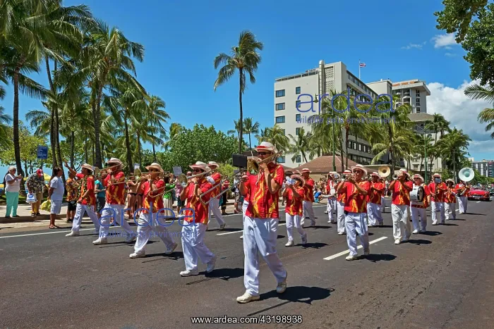 : Royal Hawaiian Band playing instruments, parade : Royal Hawaiian Band playing instruments, parade