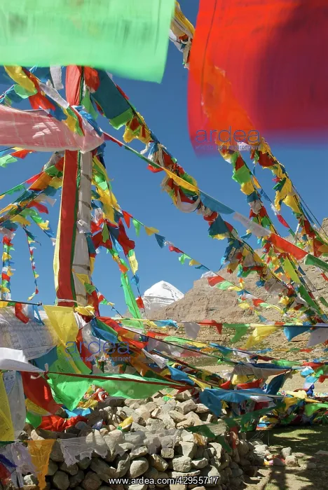 : Sacred Mt Kailash and prayer flags : Sacred Mt Kailash and prayer flags