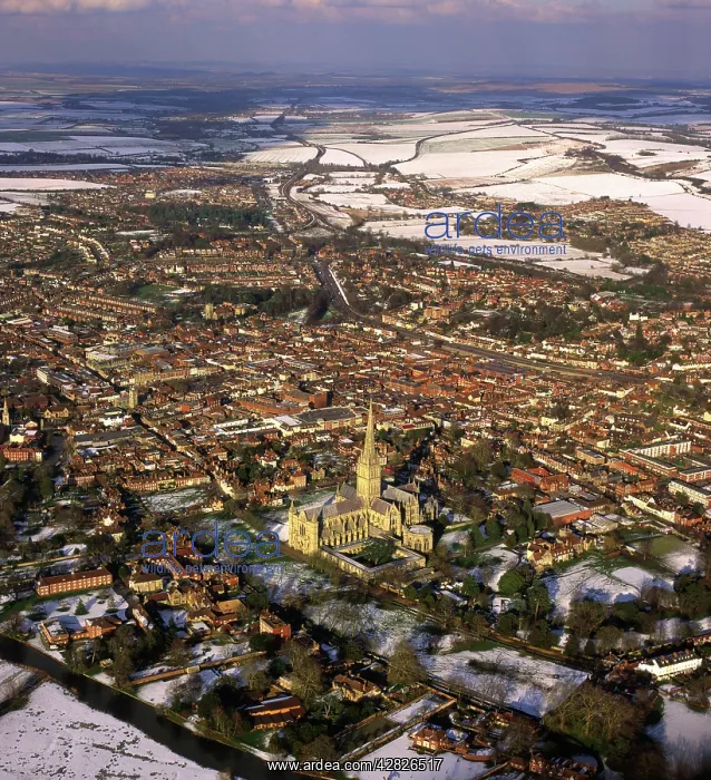 : Salisbury Cathedral and city in snow, Wiltshire : Salisbury Cathedral and city in snow, Wiltshire