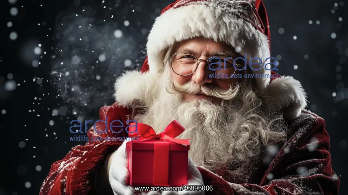 : Santa clause holding a red wrapped gift box outside : Santa clause holding a red wrapped gift box outside