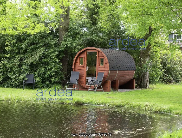 : Sauna barrel with adjacent pond, ideal for alter : Sauna barrel with adjacent pond, ideal for alter