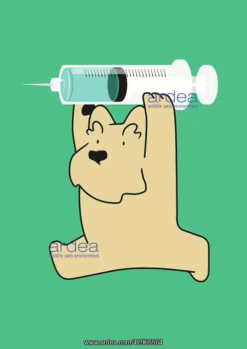 : Scottie Dog carrying a giant hypodermic syringe : Scottie Dog carrying a giant hypodermic syringe