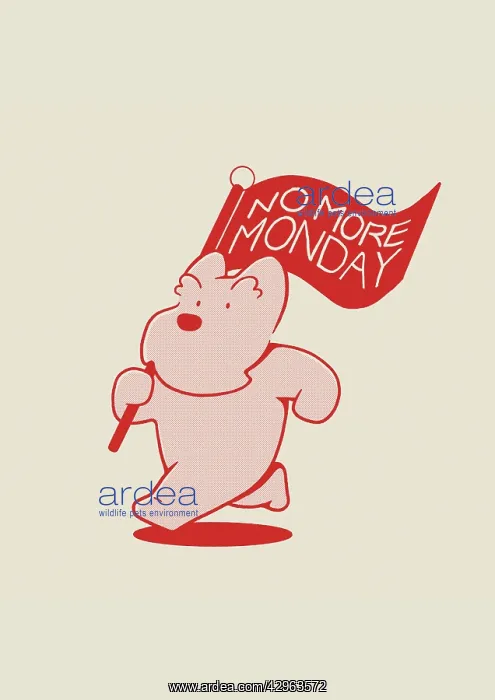 : Scottie Dog carrying red flag with No More Monday slogan : Scottie Dog carrying red flag with No More Monday slogan