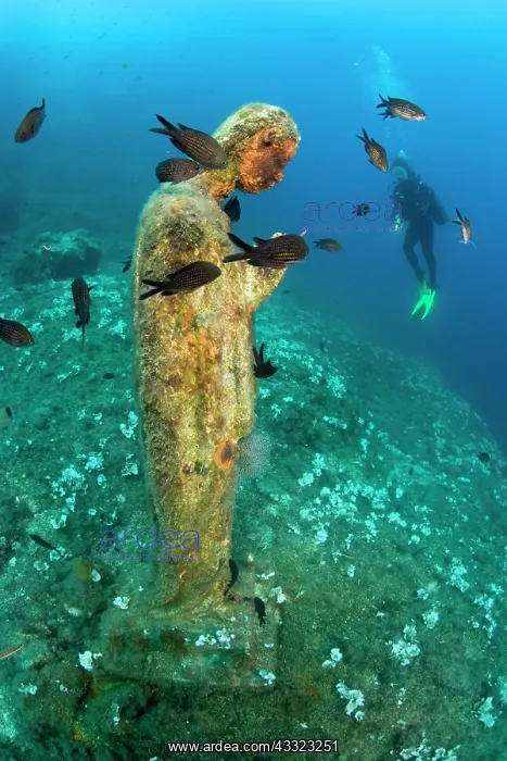 : scuba diver and statue of Virgin Mary, Vervece rock, Marine : scuba diver and statue of Virgin Mary, Vervece rock, Marine