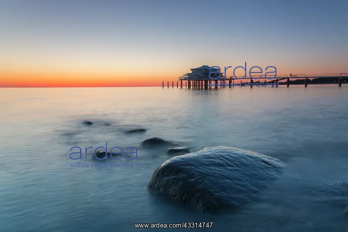 : Seabridge with restaurant at sunrise - Timmendorfer : Seabridge with restaurant at sunrise - Timmendorfer
