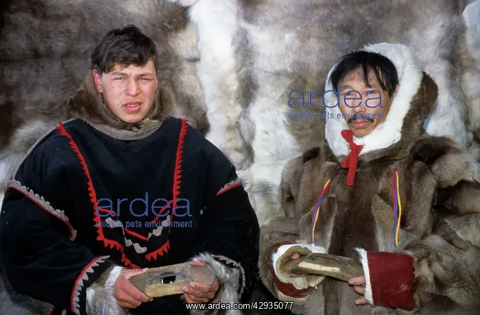 : Selkup men in traditional clothes, holding traditional : Selkup men in traditional clothes, holding traditional
