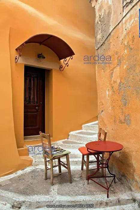 : Sidewalk table setting, Chania, Crete, Greece : Sidewalk table setting, Chania, Crete, Greece