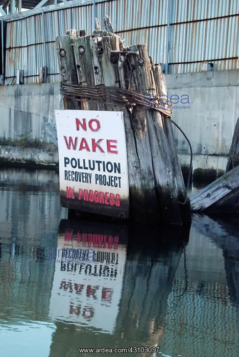 : Sign Damaged by Pollution on Newtown Creek, NYC : Sign Damaged by Pollution on Newtown Creek, NYC