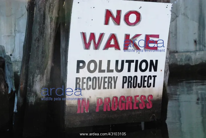 : Sign Damaged by Pollution on Newtown Creek, NYC : Sign Damaged by Pollution on Newtown Creek, NYC