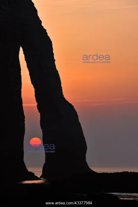 : Silhouette of the Porte D'Aval, a natural arch in : Silhouette of the Porte D'Aval, a natural arch in