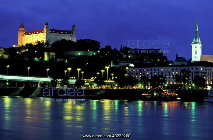 : Slovakia, Bratislava. Evening view of Bratislava : Slovakia, Bratislava. Evening view of Bratislava