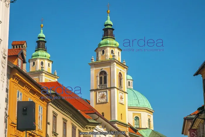 : Slovenia, Ljubljana. Building towers in capital city. ic Cat : Slovenia, Ljubljana. Building towers in capital city. ic Cat