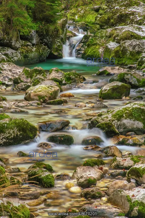 : Slovenia, Triglav National Park. Soca River waterfall and : Slovenia, Triglav National Park. Soca River waterfall and