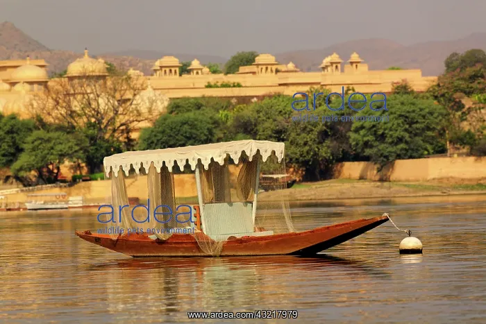 : Small boat, and the Oberoi Udaivila hotel : Small boat, and the Oberoi Udaivila hotel