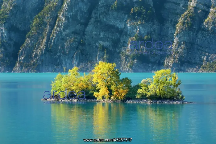 : Small chive island in the turquoise waters of Lake : Small chive island in the turquoise waters of Lake