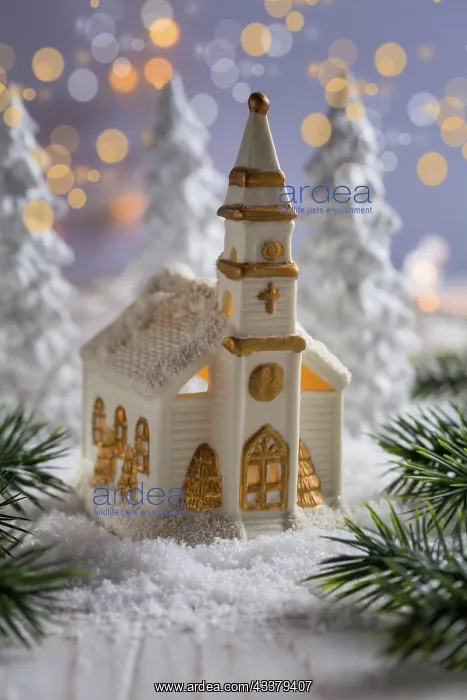: Small church with candles and white trees as snowy : Small church with candles and white trees as snowy