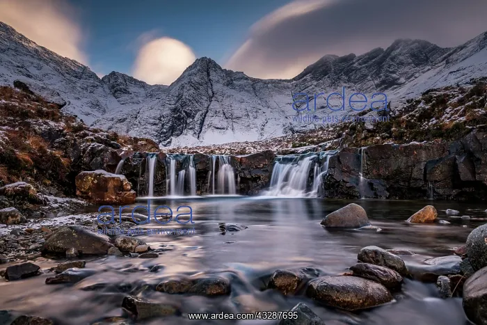 : Small river with waterfall in snowy landscape with : Small river with waterfall in snowy landscape with