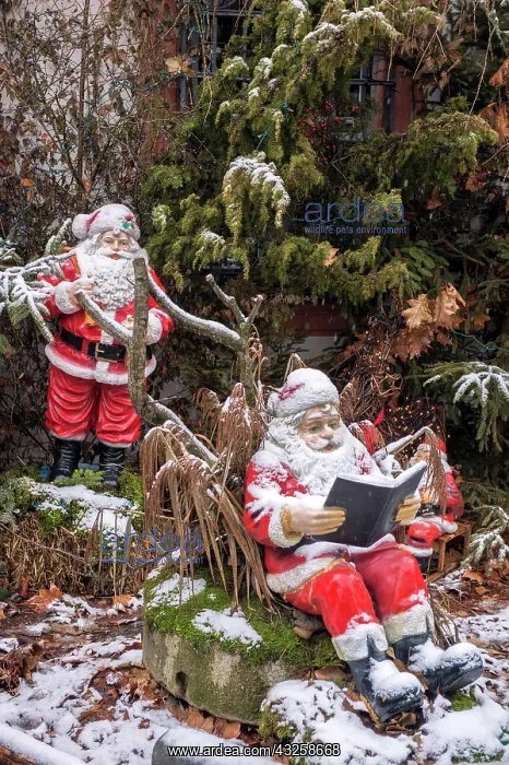 : Snow on Santa Claus statues on display : Snow on Santa Claus statues on display