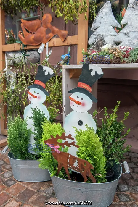 : Snowman decorations in potted evergreens : Snowman decorations in potted evergreens