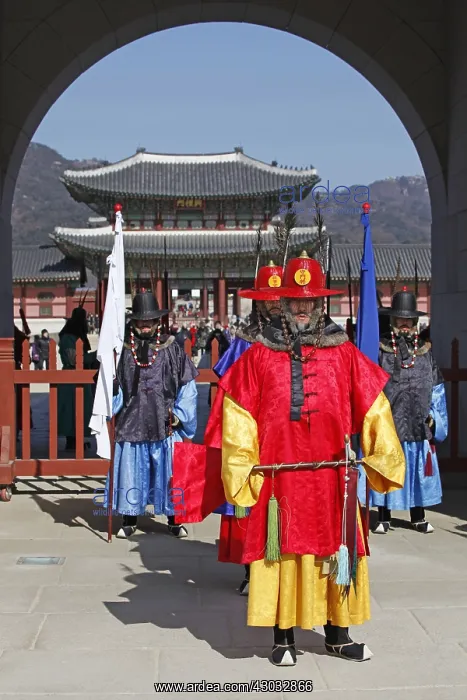 : Soldiers in traditional Korean costume changing : Soldiers in traditional Korean costume changing