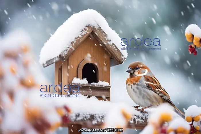 : Sparrow bird next to snow covered bird feeding house : Sparrow bird next to snow covered bird feeding house