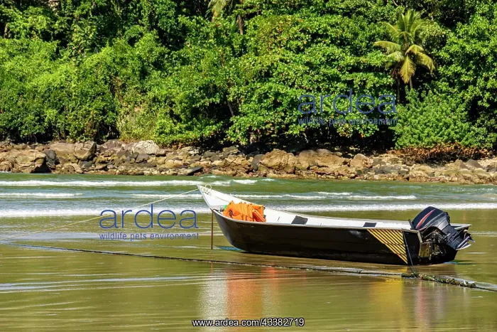 : Speedboat standing on the sand of the beach with : Speedboat standing on the sand of the beach with